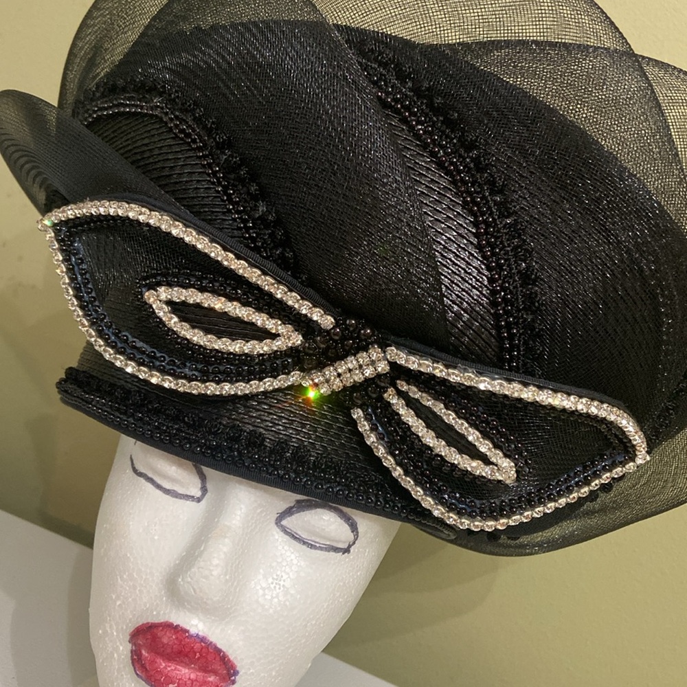 Black Decorative Ladies Dress Hat with Rhinestone Bow